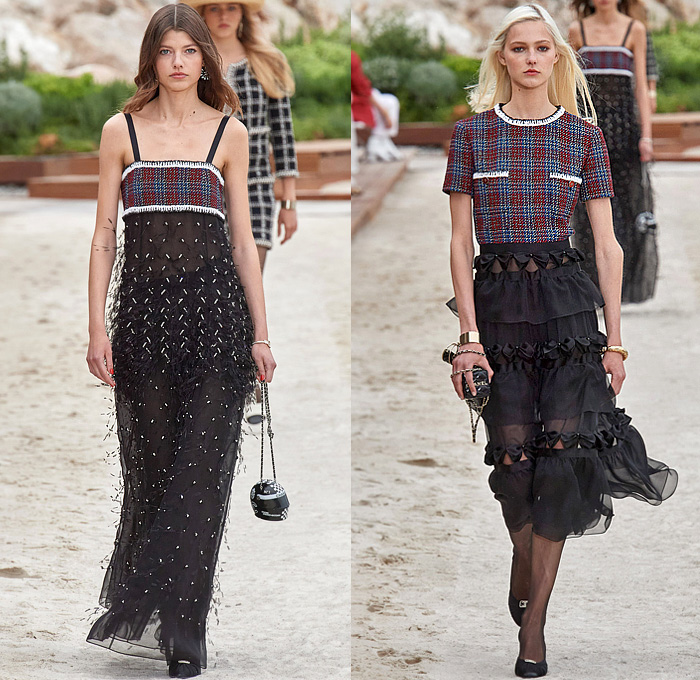 Chanel 2023 Resort Cruise Pre-Spring Womens Runway Collection - Monte-Carlo Beach Monaco Riviera - Race Car Driver Racing Flags Mechanic Overalls Onesie Jumpsuit Knit Crochet Flowers Floral Sequins Tweed Check Crop Top Midriff Foil Metallic Ruffles Halterneck Bib Bomber Jacket Cardigan Shirtdress Swimsuit Sheer Tulle Stripes Coat Logo Lace Wide Leg Jogger Shorts Miniskirt Stockings Dress Gown Strapless Feathers One Shoulder Handbag Lanyard Hat Gloves Tennis Racket Pouch Helmet