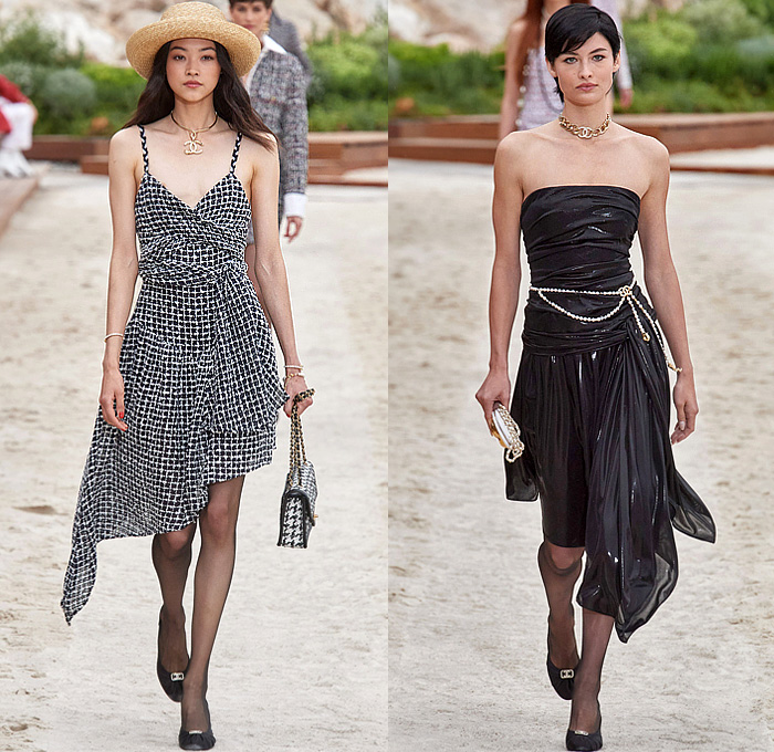 Chanel 2023 Resort Cruise Pre-Spring Womens Runway Collection - Monte-Carlo Beach Monaco Riviera - Race Car Driver Racing Flags Mechanic Overalls Onesie Jumpsuit Knit Crochet Flowers Floral Sequins Tweed Check Crop Top Midriff Foil Metallic Ruffles Halterneck Bib Bomber Jacket Cardigan Shirtdress Swimsuit Sheer Tulle Stripes Coat Logo Lace Wide Leg Jogger Shorts Miniskirt Stockings Dress Gown Strapless Feathers One Shoulder Handbag Lanyard Hat Gloves Tennis Racket Pouch Helmet