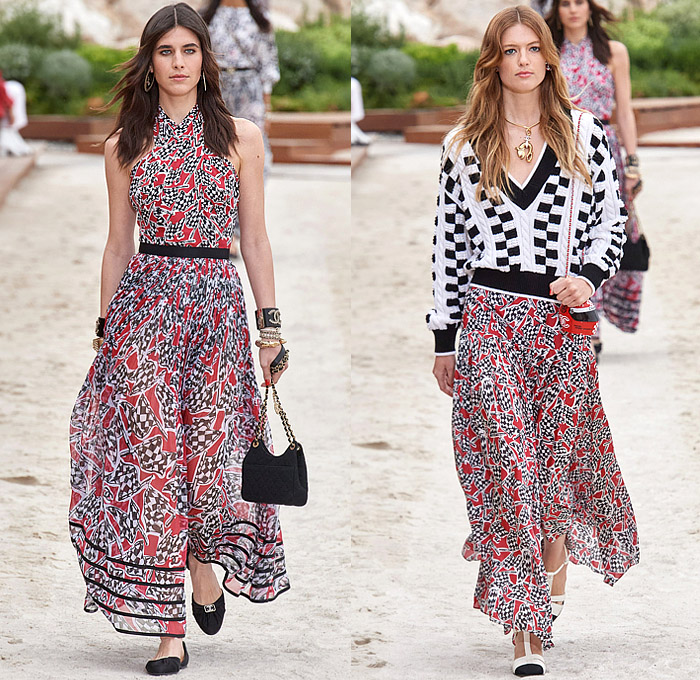 Chanel 2023 Resort Cruise Pre-Spring Womens Runway Collection - Monte-Carlo Beach Monaco Riviera - Race Car Driver Racing Flags Mechanic Overalls Onesie Jumpsuit Knit Crochet Flowers Floral Sequins Tweed Check Crop Top Midriff Foil Metallic Ruffles Halterneck Bib Bomber Jacket Cardigan Shirtdress Swimsuit Sheer Tulle Stripes Coat Logo Lace Wide Leg Jogger Shorts Miniskirt Stockings Dress Gown Strapless Feathers One Shoulder Handbag Lanyard Hat Gloves Tennis Racket Pouch Helmet