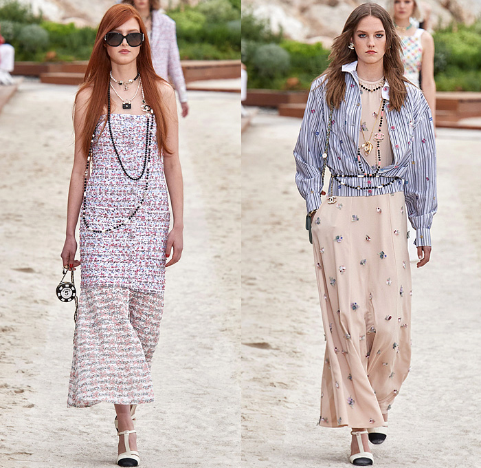 Chanel 2023 Resort Cruise Pre-Spring Womens Runway Collection - Monte-Carlo Beach Monaco Riviera - Race Car Driver Racing Flags Mechanic Overalls Onesie Jumpsuit Knit Crochet Flowers Floral Sequins Tweed Check Crop Top Midriff Foil Metallic Ruffles Halterneck Bib Bomber Jacket Cardigan Shirtdress Swimsuit Sheer Tulle Stripes Coat Logo Lace Wide Leg Jogger Shorts Miniskirt Stockings Dress Gown Strapless Feathers One Shoulder Handbag Lanyard Hat Gloves Tennis Racket Pouch Helmet