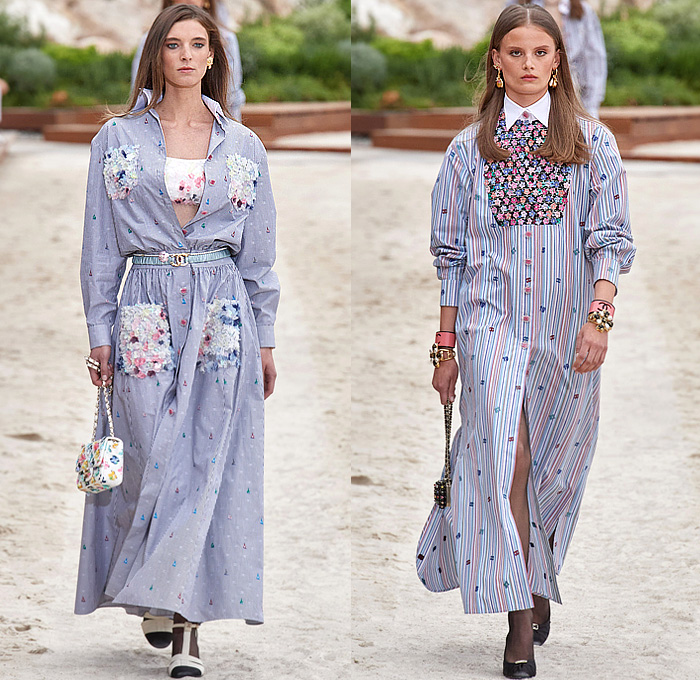 Chanel 2023 Resort Cruise Pre-Spring Womens Runway Collection - Monte-Carlo Beach Monaco Riviera - Race Car Driver Racing Flags Mechanic Overalls Onesie Jumpsuit Knit Crochet Flowers Floral Sequins Tweed Check Crop Top Midriff Foil Metallic Ruffles Halterneck Bib Bomber Jacket Cardigan Shirtdress Swimsuit Sheer Tulle Stripes Coat Logo Lace Wide Leg Jogger Shorts Miniskirt Stockings Dress Gown Strapless Feathers One Shoulder Handbag Lanyard Hat Gloves Tennis Racket Pouch Helmet