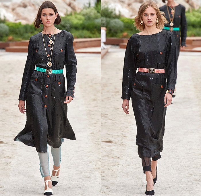 Chanel 2023 Resort Cruise Pre-Spring Womens Runway Collection - Monte-Carlo Beach Monaco Riviera - Race Car Driver Racing Flags Mechanic Overalls Onesie Jumpsuit Knit Crochet Flowers Floral Sequins Tweed Check Crop Top Midriff Foil Metallic Ruffles Halterneck Bib Bomber Jacket Cardigan Shirtdress Swimsuit Sheer Tulle Stripes Coat Logo Lace Wide Leg Jogger Shorts Miniskirt Stockings Dress Gown Strapless Feathers One Shoulder Handbag Lanyard Hat Gloves Tennis Racket Pouch Helmet