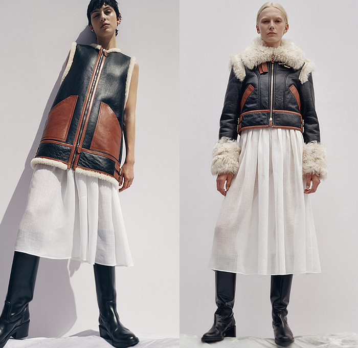 Chloé 2023 Resort Cruise Pre-Spring Womens Lookbook Presentation - Outerwear Parka Vest Poncho Coat Fur Shearling Aviator Jacket Broderie Anglaise Lace Cutwork Lasercut Mesh Blouse Midi Skirt Ruffles Pockets Corduroy Plaid Check Patchwork Denim Jeans Stitching Fringes Threads Noodle Strap Stars Night Sky Ribbed Prairie Damsel Dress Butterfly Strapless Open Shoulders Sheer Handbag Pouch Boots