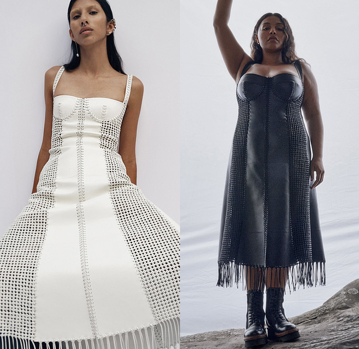Chloé 2023 Resort Cruise Pre-Spring Womens Lookbook Presentation - Outerwear Parka Vest Poncho Coat Fur Shearling Aviator Jacket Broderie Anglaise Lace Cutwork Lasercut Mesh Blouse Midi Skirt Ruffles Pockets Corduroy Plaid Check Patchwork Denim Jeans Stitching Fringes Threads Noodle Strap Stars Night Sky Ribbed Prairie Damsel Dress Butterfly Strapless Open Shoulders Sheer Handbag Pouch Boots