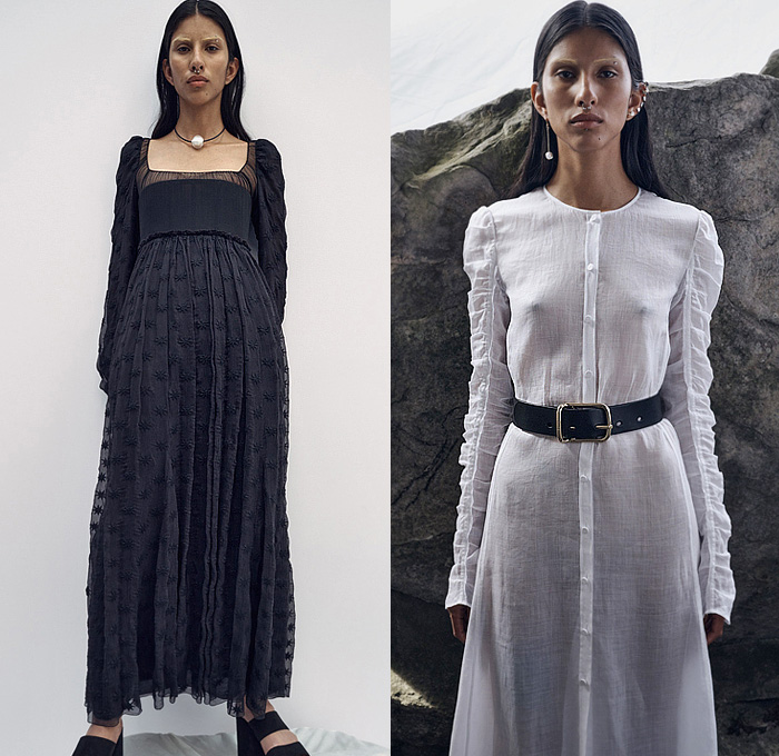 Chloé 2023 Resort Cruise Pre-Spring Womens Lookbook Presentation - Outerwear Parka Vest Poncho Coat Fur Shearling Aviator Jacket Broderie Anglaise Lace Cutwork Lasercut Mesh Blouse Midi Skirt Ruffles Pockets Corduroy Plaid Check Patchwork Denim Jeans Stitching Fringes Threads Noodle Strap Stars Night Sky Ribbed Prairie Damsel Dress Butterfly Strapless Open Shoulders Sheer Handbag Pouch Boots