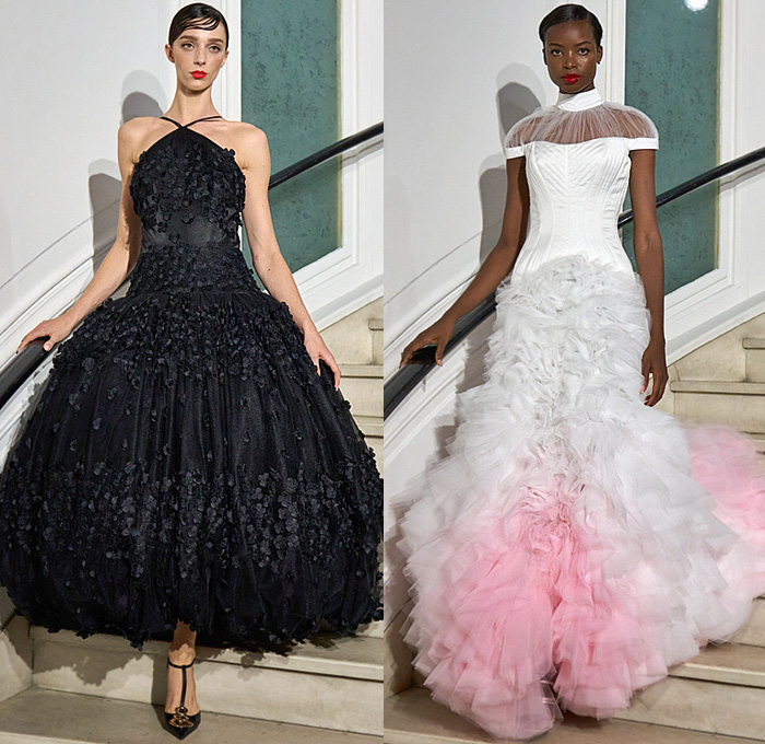 Christian Siriano 2023 Spring Summer Womens Runway Collection - Style Watch Trendcasting Styles - New York Fashion Week NYFW - Ombré Gradient Accordion Pleats Dress Gown Draped Capelet Stripes Sheer Tulle Mesh Tutu Pantsuit Wrap Puff Ball Poufy Trompe L'oeil Flowers Floral Petals Peplum Strapless Bedazzled Sequins Crystals Voluminous Ruffles Sheen One Shoulder Halterneck Noodle Strap Feathers Crop Top Midriff Flare Wide Leg Opera Gloves Wide Brim Hat Handbag