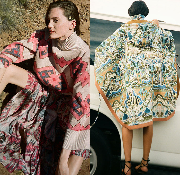 Chufy 2023 Resort Cruise Pre-Spring Womens Lookbook Presentation - Oversleeve Capelet Bib Vest Quilted Flowers Floral Leaves Foliage Fauna Garden Geometric Tribal Poufy Puff Sleeves Hoodie Poncho Coat Parka Long Sleeve Blouse Crop Top Midriff Tiered Ruffles Holes Perforated Embroidery Prairie Peasant Dress Babydoll Knit Turtleneck Sweater Patchwork Cutout Waist Bustier Sheer Tulle Shorts Swimwear Bikini Skirt Gladiator Sandals