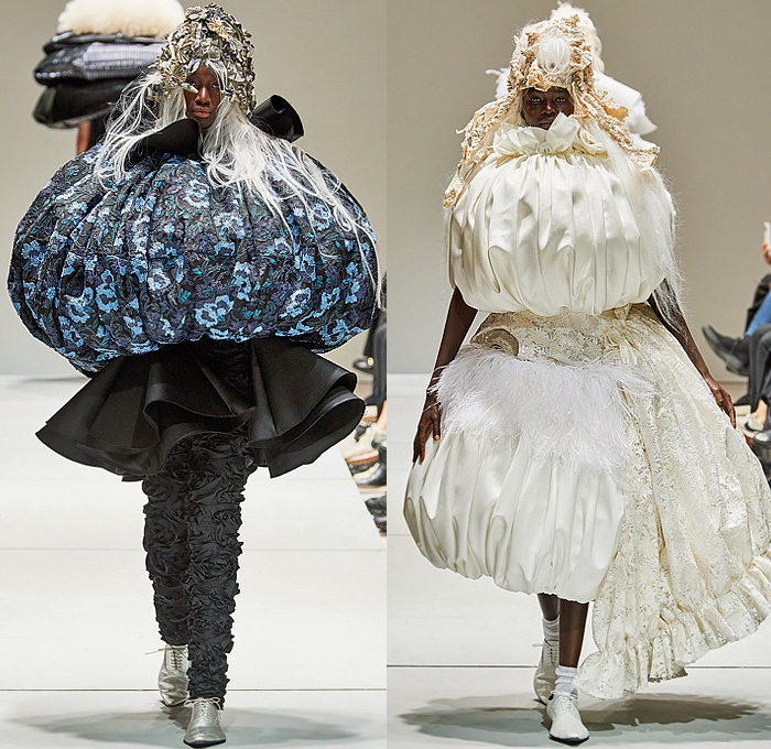 Comme des Garçons 2023 Spring Summer Womens Collection - Mode à Paris Fashion Week France - Bulb Puff Ball Oversized Giant Sculpture Flowers Floral Jacquard Brocade Tiered Skirt Ruffles Frills Lace Embroidery Tattered Mesh Holes Cocoon Wrapped Hood Ring Loop Wreath Flower Bud Pillows Coils Lifesaver Tiered Lantern Elongated Sleeves Outerwear Coat Dress Brogues