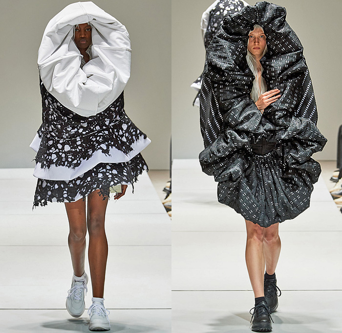 Comme des Garçons 2023 Spring Summer Womens Collection - Mode à Paris Fashion Week France - Bulb Puff Ball Oversized Giant Sculpture Flowers Floral Jacquard Brocade Tiered Skirt Ruffles Frills Lace Embroidery Tattered Mesh Holes Cocoon Wrapped Hood Ring Loop Wreath Flower Bud Pillows Coils Lifesaver Tiered Lantern Elongated Sleeves Outerwear Coat Dress Brogues