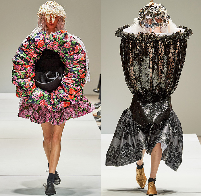 Comme des Garçons 2023 Spring Summer Womens Collection - Mode à Paris Fashion Week France - Bulb Puff Ball Oversized Giant Sculpture Flowers Floral Jacquard Brocade Tiered Skirt Ruffles Frills Lace Embroidery Tattered Mesh Holes Cocoon Wrapped Hood Ring Loop Wreath Flower Bud Pillows Coils Lifesaver Tiered Lantern Elongated Sleeves Outerwear Coat Dress Brogues