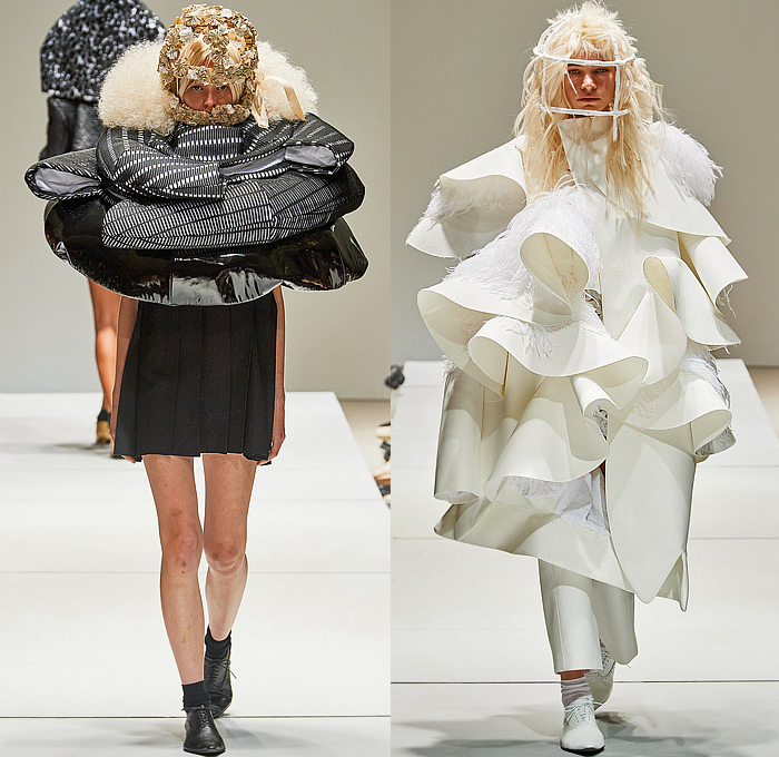 Comme des Garçons 2023 Spring Summer Womens Collection - Mode à Paris Fashion Week France - Bulb Puff Ball Oversized Giant Sculpture Flowers Floral Jacquard Brocade Tiered Skirt Ruffles Frills Lace Embroidery Tattered Mesh Holes Cocoon Wrapped Hood Ring Loop Wreath Flower Bud Pillows Coils Lifesaver Tiered Lantern Elongated Sleeves Outerwear Coat Dress Brogues