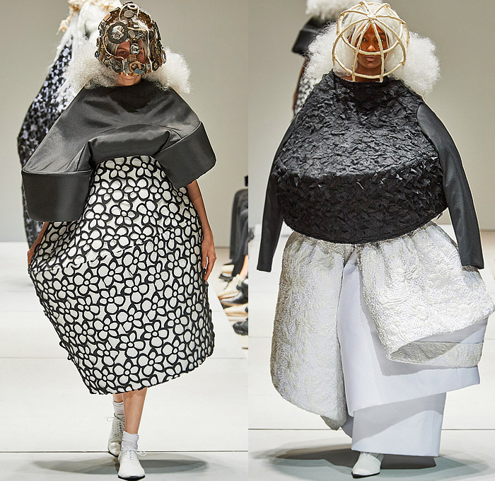 Comme des Garçons 2023 Spring Summer Womens Collection - Mode à Paris Fashion Week France - Bulb Puff Ball Oversized Giant Sculpture Flowers Floral Jacquard Brocade Tiered Skirt Ruffles Frills Lace Embroidery Tattered Mesh Holes Cocoon Wrapped Hood Ring Loop Wreath Flower Bud Pillows Coils Lifesaver Tiered Lantern Elongated Sleeves Outerwear Coat Dress Brogues