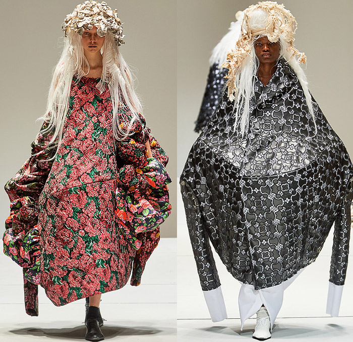 Comme des Garçons 2023 Spring Summer Womens Collection - Mode à Paris Fashion Week France - Bulb Puff Ball Oversized Giant Sculpture Flowers Floral Jacquard Brocade Tiered Skirt Ruffles Frills Lace Embroidery Tattered Mesh Holes Cocoon Wrapped Hood Ring Loop Wreath Flower Bud Pillows Coils Lifesaver Tiered Lantern Elongated Sleeves Outerwear Coat Dress Brogues