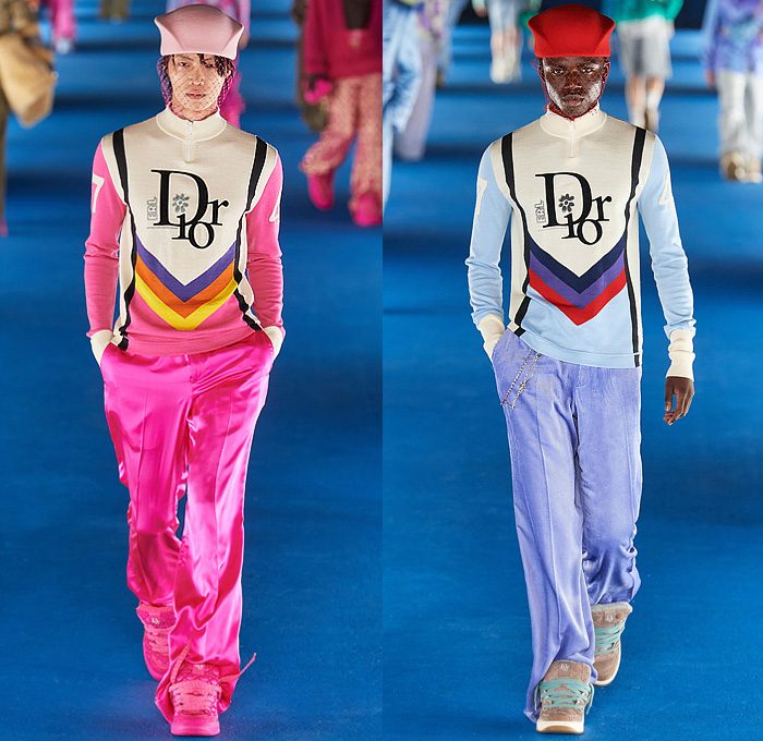 Christian Dior 2023 Resort Cruise Pre-Spring Mens Runway Looks - California Couture Venice Beach Los Angeles - Pillbox Hat Fishnet Veil Sweater Knit Cardigan Logo Beads Trinkets Pearls Sequins Crystals Embroidery Argyle Plaid Check Geometric Lattice Newspaper Print Fringes Hoodie Sweatshirt Quilted Puffer Jacket Coat Fleece Suit Blazer Cinch Wire Coat Blanket Vest Satin Corduroy Slouchy Denim Jeans Dolphin Hem Shorts Fanny Pack Pouch Bag Fur Chain Satchel Tote Sneakers Skater