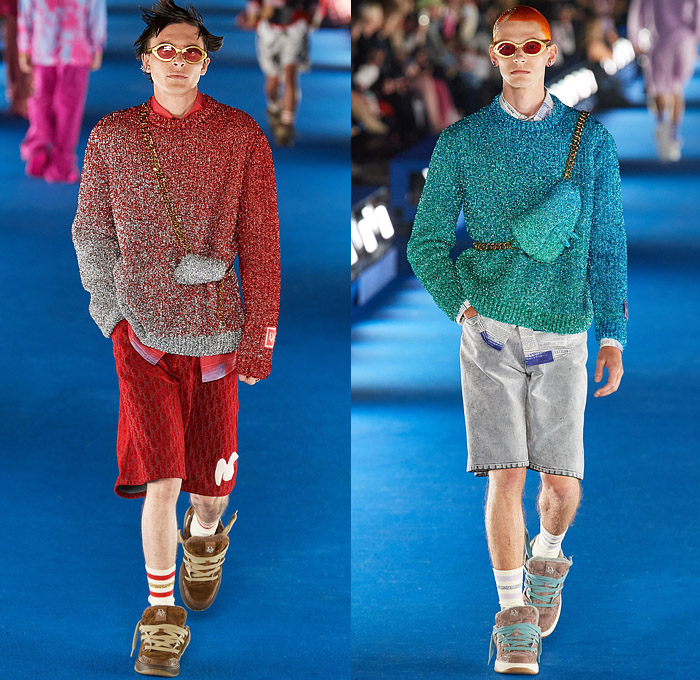 Christian Dior 2023 Resort Cruise Pre-Spring Mens Runway Looks - California Couture Venice Beach Los Angeles - Pillbox Hat Fishnet Veil Sweater Knit Cardigan Logo Beads Trinkets Pearls Sequins Crystals Embroidery Argyle Plaid Check Geometric Lattice Newspaper Print Fringes Hoodie Sweatshirt Quilted Puffer Jacket Coat Fleece Suit Blazer Cinch Wire Coat Blanket Vest Satin Corduroy Slouchy Denim Jeans Dolphin Hem Shorts Fanny Pack Pouch Bag Fur Chain Satchel Tote Sneakers Skater