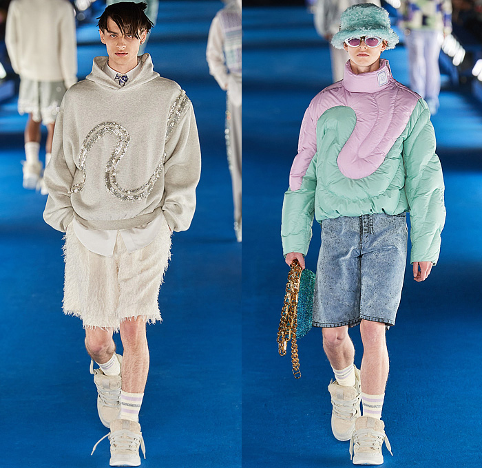 Christian Dior 2023 Resort Cruise Pre-Spring Mens Runway Looks - California Couture Venice Beach Los Angeles - Pillbox Hat Fishnet Veil Sweater Knit Cardigan Logo Beads Trinkets Pearls Sequins Crystals Embroidery Argyle Plaid Check Geometric Lattice Newspaper Print Fringes Hoodie Sweatshirt Quilted Puffer Jacket Coat Fleece Suit Blazer Cinch Wire Coat Blanket Vest Satin Corduroy Slouchy Denim Jeans Dolphin Hem Shorts Fanny Pack Pouch Bag Fur Chain Satchel Tote Sneakers Skater