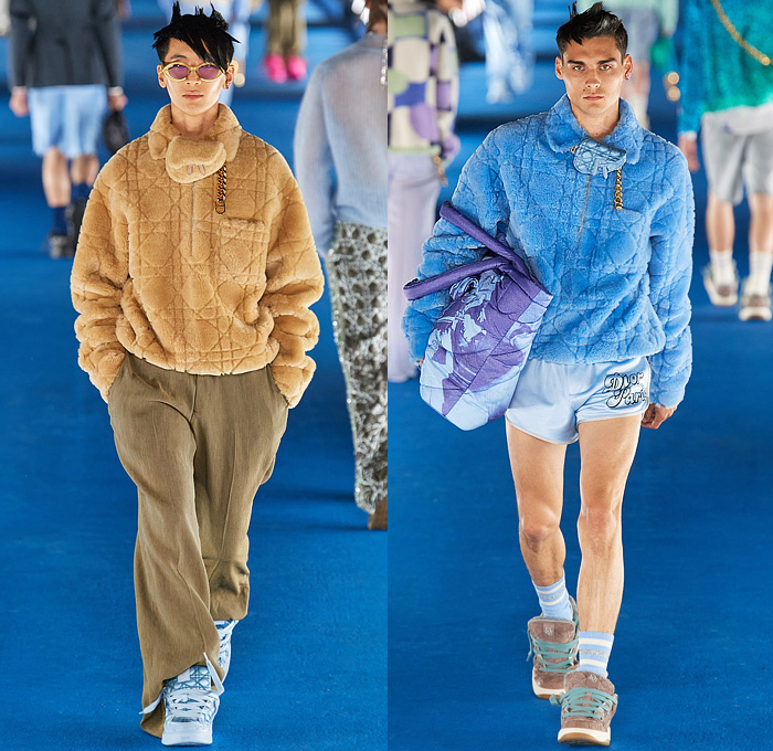 Christian Dior 2023 Resort Cruise Pre-Spring Mens Runway Looks - California Couture Venice Beach Los Angeles - Pillbox Hat Fishnet Veil Sweater Knit Cardigan Logo Beads Trinkets Pearls Sequins Crystals Embroidery Argyle Plaid Check Geometric Lattice Newspaper Print Fringes Hoodie Sweatshirt Quilted Puffer Jacket Coat Fleece Suit Blazer Cinch Wire Coat Blanket Vest Satin Corduroy Slouchy Denim Jeans Dolphin Hem Shorts Fanny Pack Pouch Bag Fur Chain Satchel Tote Sneakers Skater