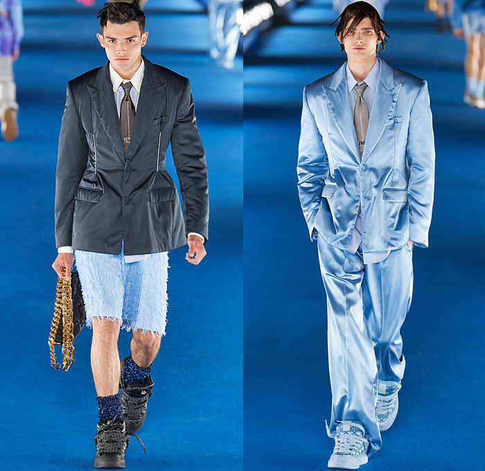 Christian Dior 2023 Resort Cruise Pre-Spring Mens Runway Looks - California Couture Venice Beach Los Angeles - Pillbox Hat Fishnet Veil Sweater Knit Cardigan Logo Beads Trinkets Pearls Sequins Crystals Embroidery Argyle Plaid Check Geometric Lattice Newspaper Print Fringes Hoodie Sweatshirt Quilted Puffer Jacket Coat Fleece Suit Blazer Cinch Wire Coat Blanket Vest Satin Corduroy Slouchy Denim Jeans Dolphin Hem Shorts Fanny Pack Pouch Bag Fur Chain Satchel Tote Sneakers Skater