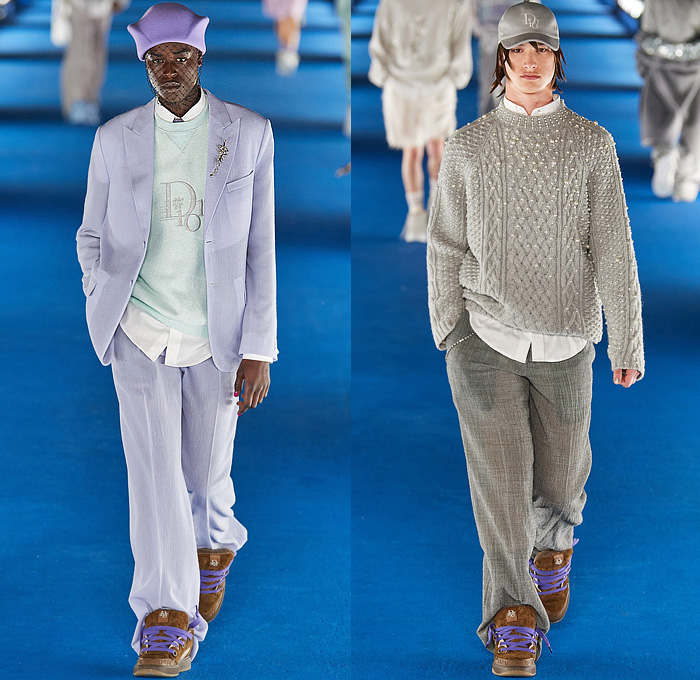 Christian Dior 2023 Resort Cruise Pre-Spring Mens Runway Looks - California Couture Venice Beach Los Angeles - Pillbox Hat Fishnet Veil Sweater Knit Cardigan Logo Beads Trinkets Pearls Sequins Crystals Embroidery Argyle Plaid Check Geometric Lattice Newspaper Print Fringes Hoodie Sweatshirt Quilted Puffer Jacket Coat Fleece Suit Blazer Cinch Wire Coat Blanket Vest Satin Corduroy Slouchy Denim Jeans Dolphin Hem Shorts Fanny Pack Pouch Bag Fur Chain Satchel Tote Sneakers Skater