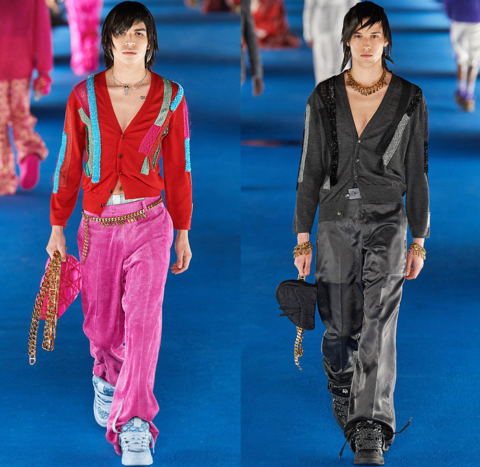 Christian Dior 2023 Resort Cruise Pre-Spring Mens Runway Looks - California Couture Venice Beach Los Angeles - Pillbox Hat Fishnet Veil Sweater Knit Cardigan Logo Beads Trinkets Pearls Sequins Crystals Embroidery Argyle Plaid Check Geometric Lattice Newspaper Print Fringes Hoodie Sweatshirt Quilted Puffer Jacket Coat Fleece Suit Blazer Cinch Wire Coat Blanket Vest Satin Corduroy Slouchy Denim Jeans Dolphin Hem Shorts Fanny Pack Pouch Bag Fur Chain Satchel Tote Sneakers Skater