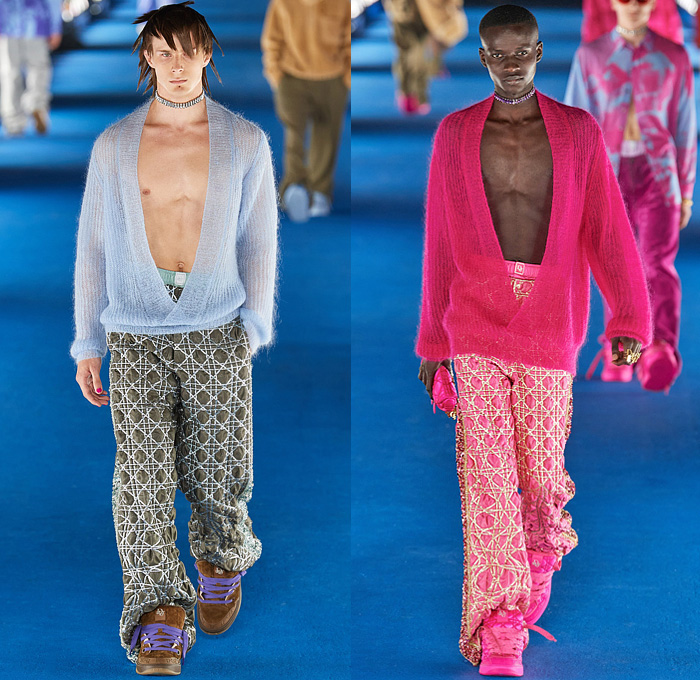 Christian Dior 2023 Resort Cruise Pre-Spring Mens Runway Looks - California Couture Venice Beach Los Angeles - Pillbox Hat Fishnet Veil Sweater Knit Cardigan Logo Beads Trinkets Pearls Sequins Crystals Embroidery Argyle Plaid Check Geometric Lattice Newspaper Print Fringes Hoodie Sweatshirt Quilted Puffer Jacket Coat Fleece Suit Blazer Cinch Wire Coat Blanket Vest Satin Corduroy Slouchy Denim Jeans Dolphin Hem Shorts Fanny Pack Pouch Bag Fur Chain Satchel Tote Sneakers Skater