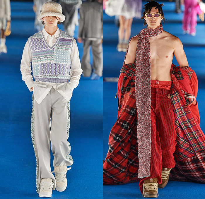 Christian Dior 2023 Resort Cruise Pre-Spring Mens Runway Looks - California Couture Venice Beach Los Angeles - Pillbox Hat Fishnet Veil Sweater Knit Cardigan Logo Beads Trinkets Pearls Sequins Crystals Embroidery Argyle Plaid Check Geometric Lattice Newspaper Print Fringes Hoodie Sweatshirt Quilted Puffer Jacket Coat Fleece Suit Blazer Cinch Wire Coat Blanket Vest Satin Corduroy Slouchy Denim Jeans Dolphin Hem Shorts Fanny Pack Pouch Bag Fur Chain Satchel Tote Sneakers Skater