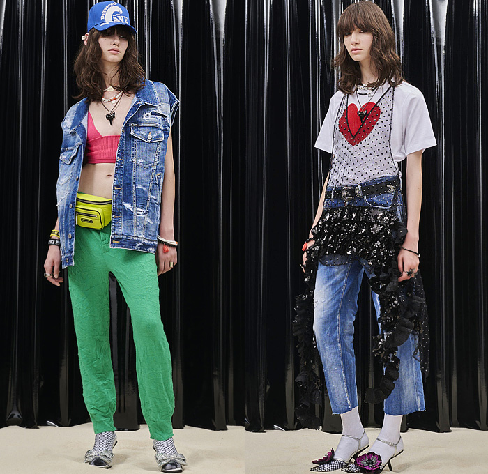 Dsquared2 2023 Resort Cruise Pre-Spring Womens Lookbook Presentation - Dark Goth Surfers Mash Up Destroyed Denim Jeans Swimwear Bikini Crystals Studs Sequins Beads Fishnet Vest Crop Top Midriff Lace Embroidery Sheer Tulle Knit Sweater Mesh Ruffles Tiered Trompe L'oeil Flowers Floral Grunge Plaid Check Stripes Mini Dress Anorak Windbreaker Tweed Miniskirt Pockets Strapless One Shoulder Shorts Jogger Sweatpants Trucker Hat Fanny Pack Pouch Belt Bag Sneaker Boots Handbag Teddy Bear