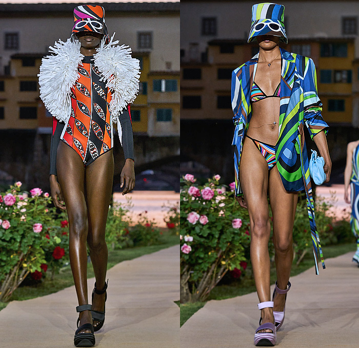 Emilio Pucci 2023 Spring Summer Womens Runway Collection - Initials EP - Denim Jeans Leaf Top Swirls Geometric Tribal Stripes Iride Marmo Girandole Print Miniskirt Bandeau Strapless Blouse Onesie Jumpsuit Unitard Hood Balaclava Chain Harness Blazer Jacket Adorned Paillettes Noodle Strap Wide Leg Neoprene Swimwear Bikini Leggings Tights Halterneck Fringes Dress Caftan Hanging Sleeve Foil Puff Ball Shorts Parka Raincoat Inflatables Cords Basket Vase Handbag Sack Bucket Hat Flats Boots