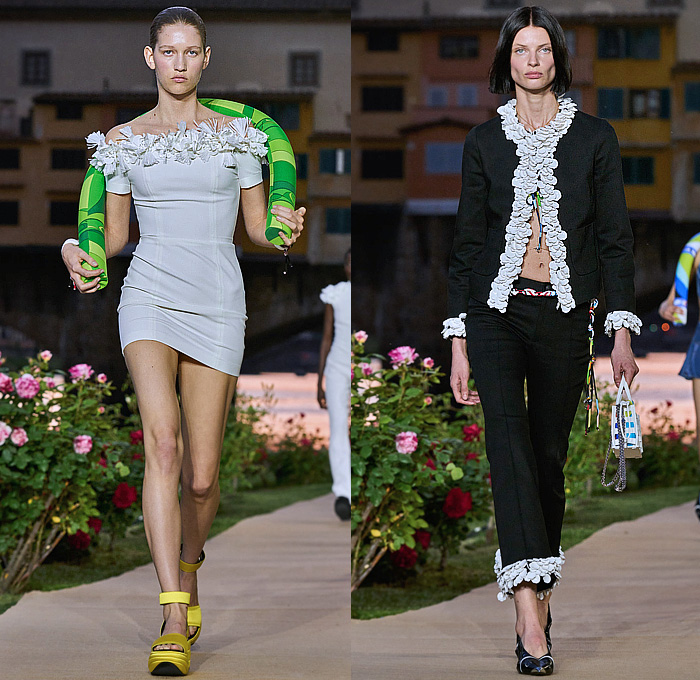 Emilio Pucci 2023 Spring Summer Womens Runway Collection - Initials EP - Denim Jeans Leaf Top Swirls Geometric Tribal Stripes Iride Marmo Girandole Print Miniskirt Bandeau Strapless Blouse Onesie Jumpsuit Unitard Hood Balaclava Chain Harness Blazer Jacket Adorned Paillettes Noodle Strap Wide Leg Neoprene Swimwear Bikini Leggings Tights Halterneck Fringes Dress Caftan Hanging Sleeve Foil Puff Ball Shorts Parka Raincoat Inflatables Cords Basket Vase Handbag Sack Bucket Hat Flats Boots