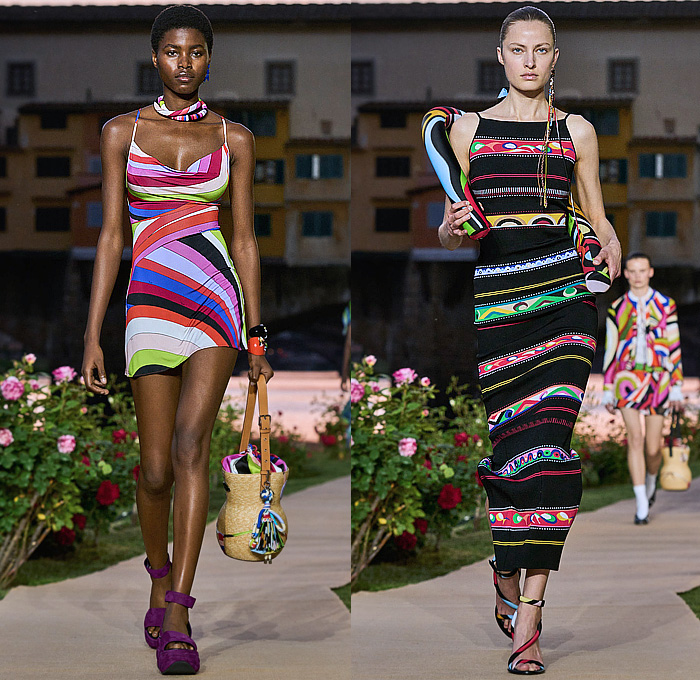 Emilio Pucci 2023 Spring Summer Womens Runway Collection - Initials EP - Denim Jeans Leaf Top Swirls Geometric Tribal Stripes Iride Marmo Girandole Print Miniskirt Bandeau Strapless Blouse Onesie Jumpsuit Unitard Hood Balaclava Chain Harness Blazer Jacket Adorned Paillettes Noodle Strap Wide Leg Neoprene Swimwear Bikini Leggings Tights Halterneck Fringes Dress Caftan Hanging Sleeve Foil Puff Ball Shorts Parka Raincoat Inflatables Cords Basket Vase Handbag Sack Bucket Hat Flats Boots