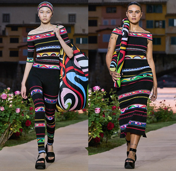 Emilio Pucci 2023 Spring Summer Womens Runway Collection - Initials EP - Denim Jeans Leaf Top Swirls Geometric Tribal Stripes Iride Marmo Girandole Print Miniskirt Bandeau Strapless Blouse Onesie Jumpsuit Unitard Hood Balaclava Chain Harness Blazer Jacket Adorned Paillettes Noodle Strap Wide Leg Neoprene Swimwear Bikini Leggings Tights Halterneck Fringes Dress Caftan Hanging Sleeve Foil Puff Ball Shorts Parka Raincoat Inflatables Cords Basket Vase Handbag Sack Bucket Hat Flats Boots