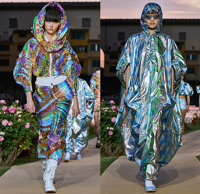 Emilio Pucci 2023 Spring Summer Womens Runway Collection - Initials EP - Denim Jeans Leaf Top Swirls Geometric Tribal Stripes Iride Marmo Girandole Print Miniskirt Bandeau Strapless Blouse Onesie Jumpsuit Unitard Hood Balaclava Chain Harness Blazer Jacket Adorned Paillettes Noodle Strap Wide Leg Neoprene Swimwear Bikini Leggings Tights Halterneck Fringes Dress Caftan Hanging Sleeve Foil Puff Ball Shorts Parka Raincoat Inflatables Cords Basket Vase Handbag Sack Bucket Hat Flats Boots