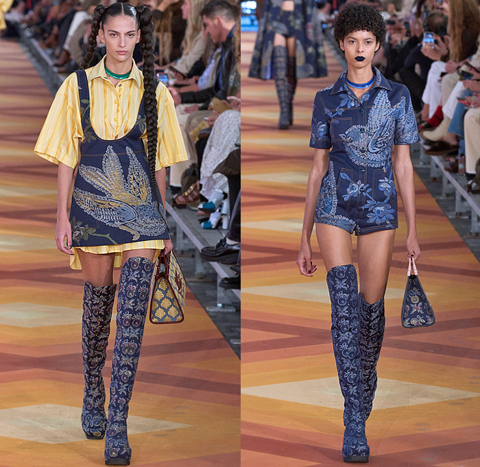 Etro 2023 Spring Summer Womens Runway Presentation - Milano Moda Donna Collezione Milan Fashion Week Italy - Etropía Denim Jeans Nature Dragonfly Leaves Flowers Floral Citrus Fruits Birds Gown Shirtdress Onesie Romper Cape Bandeau Crop Top Midriff Hotpants Shorts Wide Leg Baggy Noodle Strap Strapless Silk Satin Fringes Porcupine Spikes Ombré Color Gradient Colorblock Babydoll Dress Ruffles Knit Cardigan Lace Embroidery Pencil Skirt Bucket Hat Handbag Thigh High Boots Clogs