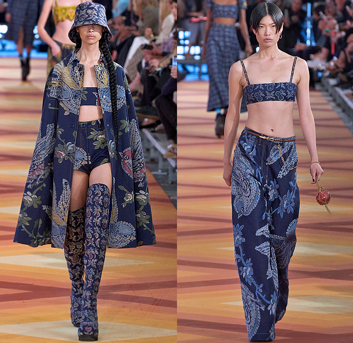 Etro 2023 Spring Summer Womens Runway Presentation - Milano Moda Donna Collezione Milan Fashion Week Italy - Etropía Denim Jeans Nature Dragonfly Leaves Flowers Floral Citrus Fruits Birds Gown Shirtdress Onesie Romper Cape Bandeau Crop Top Midriff Hotpants Shorts Wide Leg Baggy Noodle Strap Strapless Silk Satin Fringes Porcupine Spikes Ombré Color Gradient Colorblock Babydoll Dress Ruffles Knit Cardigan Lace Embroidery Pencil Skirt Bucket Hat Handbag Thigh High Boots Clogs