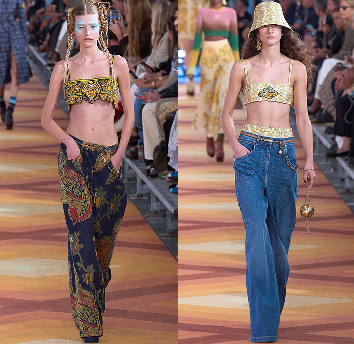 Etro 2023 Spring Summer Womens Runway Presentation - Milano Moda Donna Collezione Milan Fashion Week Italy - Etropía Denim Jeans Nature Dragonfly Leaves Flowers Floral Citrus Fruits Birds Gown Shirtdress Onesie Romper Cape Bandeau Crop Top Midriff Hotpants Shorts Wide Leg Baggy Noodle Strap Strapless Silk Satin Fringes Porcupine Spikes Ombré Color Gradient Colorblock Babydoll Dress Ruffles Knit Cardigan Lace Embroidery Pencil Skirt Bucket Hat Handbag Thigh High Boots Clogs