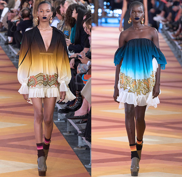 Etro 2023 Spring Summer Womens Runway Presentation - Milano Moda Donna Collezione Milan Fashion Week Italy - Etropía Denim Jeans Nature Dragonfly Leaves Flowers Floral Citrus Fruits Birds Gown Shirtdress Onesie Romper Cape Bandeau Crop Top Midriff Hotpants Shorts Wide Leg Baggy Noodle Strap Strapless Silk Satin Fringes Porcupine Spikes Ombré Color Gradient Colorblock Babydoll Dress Ruffles Knit Cardigan Lace Embroidery Pencil Skirt Bucket Hat Handbag Thigh High Boots Clogs