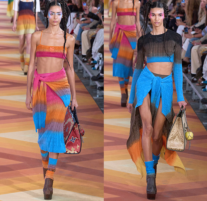 Etro 2023 Spring Summer Womens Runway Presentation - Milano Moda Donna Collezione Milan Fashion Week Italy - Etropía Denim Jeans Nature Dragonfly Leaves Flowers Floral Citrus Fruits Birds Gown Shirtdress Onesie Romper Cape Bandeau Crop Top Midriff Hotpants Shorts Wide Leg Baggy Noodle Strap Strapless Silk Satin Fringes Porcupine Spikes Ombré Color Gradient Colorblock Babydoll Dress Ruffles Knit Cardigan Lace Embroidery Pencil Skirt Bucket Hat Handbag Thigh High Boots Clogs