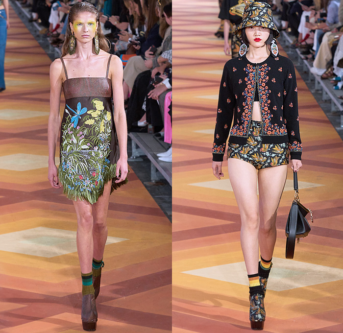 Etro 2023 Spring Summer Womens Runway Presentation - Milano Moda Donna Collezione Milan Fashion Week Italy - Etropía Denim Jeans Nature Dragonfly Leaves Flowers Floral Citrus Fruits Birds Gown Shirtdress Onesie Romper Cape Bandeau Crop Top Midriff Hotpants Shorts Wide Leg Baggy Noodle Strap Strapless Silk Satin Fringes Porcupine Spikes Ombré Color Gradient Colorblock Babydoll Dress Ruffles Knit Cardigan Lace Embroidery Pencil Skirt Bucket Hat Handbag Thigh High Boots Clogs