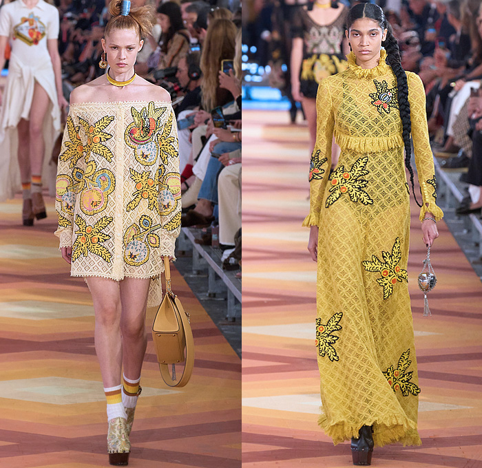 Etro 2023 Spring Summer Womens Runway Presentation - Milano Moda Donna Collezione Milan Fashion Week Italy - Etropía Denim Jeans Nature Dragonfly Leaves Flowers Floral Citrus Fruits Birds Gown Shirtdress Onesie Romper Cape Bandeau Crop Top Midriff Hotpants Shorts Wide Leg Baggy Noodle Strap Strapless Silk Satin Fringes Porcupine Spikes Ombré Color Gradient Colorblock Babydoll Dress Ruffles Knit Cardigan Lace Embroidery Pencil Skirt Bucket Hat Handbag Thigh High Boots Clogs