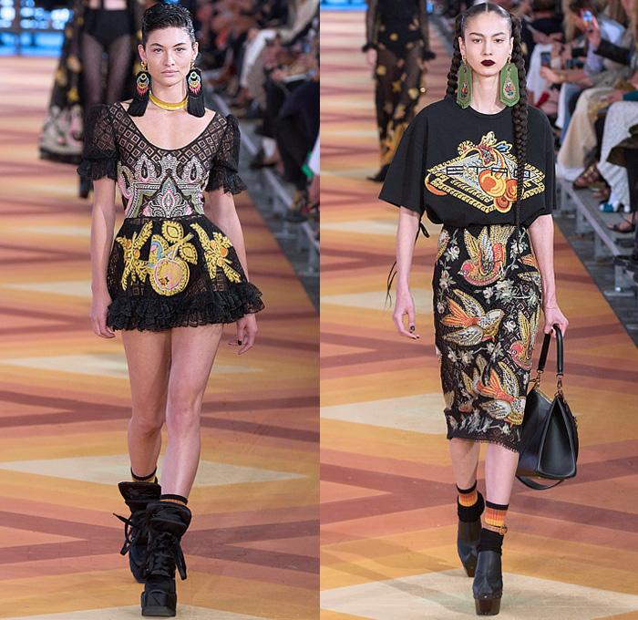 Etro 2023 Spring Summer Womens Runway Presentation - Milano Moda Donna Collezione Milan Fashion Week Italy - Etropía Denim Jeans Nature Dragonfly Leaves Flowers Floral Citrus Fruits Birds Gown Shirtdress Onesie Romper Cape Bandeau Crop Top Midriff Hotpants Shorts Wide Leg Baggy Noodle Strap Strapless Silk Satin Fringes Porcupine Spikes Ombré Color Gradient Colorblock Babydoll Dress Ruffles Knit Cardigan Lace Embroidery Pencil Skirt Bucket Hat Handbag Thigh High Boots Clogs