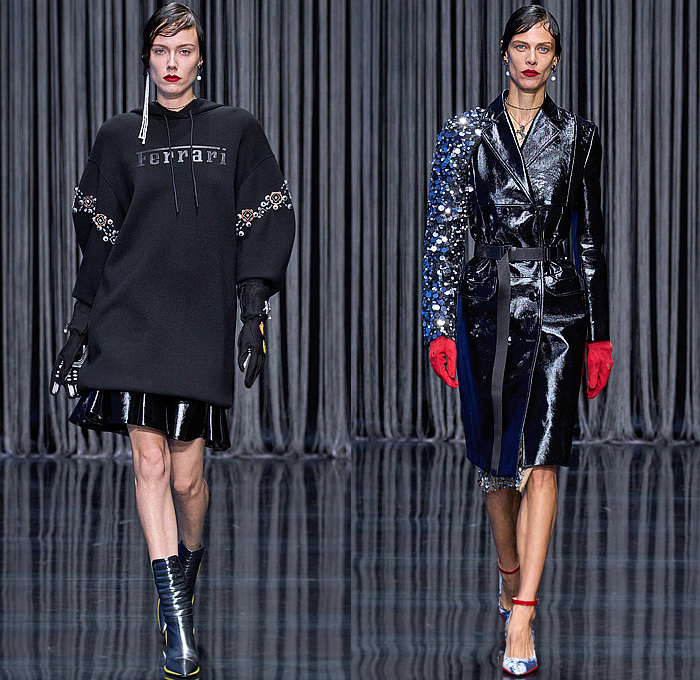 Ferrari 2023 Spring Summer Womens Runway Collection - Milano Moda Donna Milan Fashion Week Italy - Hoodie Sweatshirt Bedazzled Sequins Paillettes Trinkets Metal Studs Mesh Chainmail Car Racing Formula 1 Auto Driver Coat Cap Sleeve Vest Sleeveless Miniskirt V-Neck Strap Dress Gown Pockets Cargo Pants Wide Leg Baggy Blouse Silk Satin Palm Trees Tie-Dye 1970s Denim Jeans Onesie Jumpsuit Coveralls Boilersuit Quilted Ombré Gradient Gloves Biker Motorcycle Boots Boots Gladiators Sandals