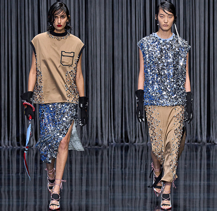 Ferrari 2023 Spring Summer Womens Runway Collection - Milano Moda Donna Milan Fashion Week Italy - Hoodie Sweatshirt Bedazzled Sequins Paillettes Trinkets Metal Studs Mesh Chainmail Car Racing Formula 1 Auto Driver Coat Cap Sleeve Vest Sleeveless Miniskirt V-Neck Strap Dress Gown Pockets Cargo Pants Wide Leg Baggy Blouse Silk Satin Palm Trees Tie-Dye 1970s Denim Jeans Onesie Jumpsuit Coveralls Boilersuit Quilted Ombré Gradient Gloves Biker Motorcycle Boots Boots Gladiators Sandals