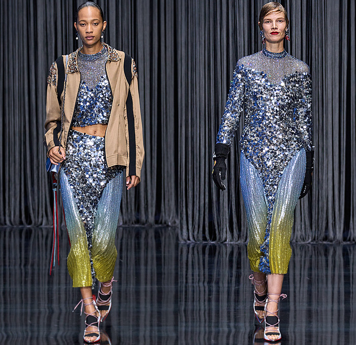 Ferrari 2023 Spring Summer Womens Runway Collection - Milano Moda Donna Milan Fashion Week Italy - Hoodie Sweatshirt Bedazzled Sequins Paillettes Trinkets Metal Studs Mesh Chainmail Car Racing Formula 1 Auto Driver Coat Cap Sleeve Vest Sleeveless Miniskirt V-Neck Strap Dress Gown Pockets Cargo Pants Wide Leg Baggy Blouse Silk Satin Palm Trees Tie-Dye 1970s Denim Jeans Onesie Jumpsuit Coveralls Boilersuit Quilted Ombré Gradient Gloves Biker Motorcycle Boots Boots Gladiators Sandals