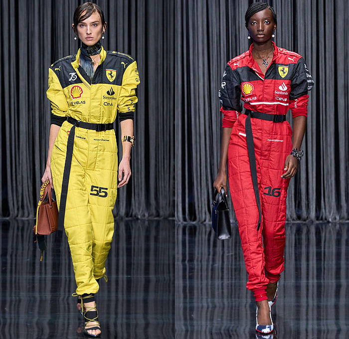 Ferrari 2023 Spring Summer Womens Runway Collection - Milano Moda Donna Milan Fashion Week Italy - Hoodie Sweatshirt Bedazzled Sequins Paillettes Trinkets Metal Studs Mesh Chainmail Car Racing Formula 1 Auto Driver Coat Cap Sleeve Vest Sleeveless Miniskirt V-Neck Strap Dress Gown Pockets Cargo Pants Wide Leg Baggy Blouse Silk Satin Palm Trees Tie-Dye 1970s Denim Jeans Onesie Jumpsuit Coveralls Boilersuit Quilted Ombré Gradient Gloves Biker Motorcycle Boots Boots Gladiators Sandals