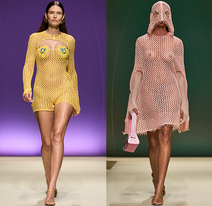 GCDS 2023 Spring Summer Womens Runway - Milan Fashion Week Italy - Alien Disco SpongeBob SquarePants Mesh Fishnet Knit Crochet Patches Stars Dress Gown Hood Balaclava Mask Halterneck Swimwear Bikini Crop Top Midriff Cargo Pants Pockets Fringes Flowers Floral Noodle Strap Strapless One Shoulder Jeans Colored Denim Destroyed Cutoffs Shorts Bralette Miniskirt Studs Crystals Logo Gloves Jumpsuit Unitard Coveralls Romper Leotard Chain Hooks Loops Bomber Jacket Neon Boots Handbag