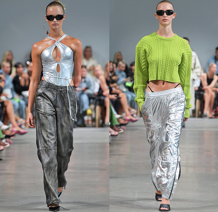 Gestuz 2023 Spring Summer Womens Runway Looks - Copenhagen Fashion Week Denmark - Heat Haze Denim Jeans Faded Embroidery Frayed Stripes Miniskirt Onesie Shirtdress Metallic Crop Top Midriff Bikini Utility Pockets Cargo Pants Wide Leg Cinch Turtleneck Stripes Blouse Strapless Sash Draped Bomber Motorcycle Biker Jacket Swimsuit Halterneck Knit Sweater Track Pants Jogger Safari  Coat Handbag Oversleeve Dress Flowers Floral Silk Satin Gown One Shoulder Marbled Choker Flower Bud Boots