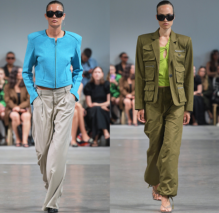 Gestuz 2023 Spring Summer Womens Runway Looks - Copenhagen Fashion Week Denmark - Heat Haze Denim Jeans Faded Embroidery Frayed Stripes Miniskirt Onesie Shirtdress Metallic Crop Top Midriff Bikini Utility Pockets Cargo Pants Wide Leg Cinch Turtleneck Stripes Blouse Strapless Sash Draped Bomber Motorcycle Biker Jacket Swimsuit Halterneck Knit Sweater Track Pants Jogger Safari  Coat Handbag Oversleeve Dress Flowers Floral Silk Satin Gown One Shoulder Marbled Choker Flower Bud Boots