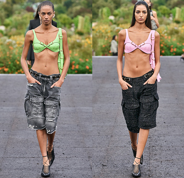 Givenchy 2023 Spring Summer Womens Runway Collection - Mode à Paris Fashion Week France - Bralette Straps Belts Crop Top Midriff Denim Jeans Cargo Shorts Utility Pockets Sheer Organza Chiffon Ruffles Bell Hem Tweed Hoodie Sweatshirt Coat Parka Split Half Loungewear Rope Fishnet Mesh Fringes Baggy One Shoulder Noodle Strap Party Dress Pearls Bedazzled Wrap Draped Cinch Pencil Skirt Gown Strapless Accordion Pleats Opera Gloves Handbag Gladiators