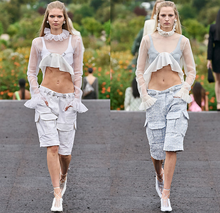 Givenchy 2023 Spring Summer Womens Runway Collection - Mode à Paris Fashion Week France - Bralette Straps Belts Crop Top Midriff Denim Jeans Cargo Shorts Utility Pockets Sheer Organza Chiffon Ruffles Bell Hem Tweed Hoodie Sweatshirt Coat Parka Split Half Loungewear Rope Fishnet Mesh Fringes Baggy One Shoulder Noodle Strap Party Dress Pearls Bedazzled Wrap Draped Cinch Pencil Skirt Gown Strapless Accordion Pleats Opera Gloves Handbag Gladiators