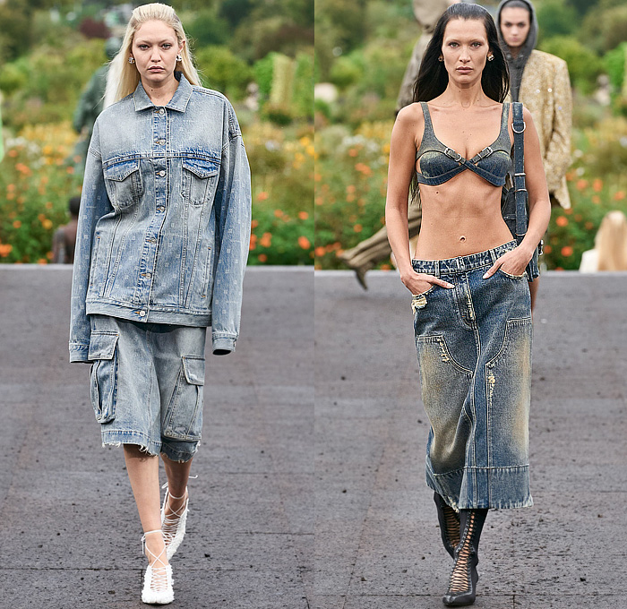 Givenchy 2023 Spring Summer Womens Runway Collection - Mode à Paris Fashion Week France - Bralette Straps Belts Crop Top Midriff Denim Jeans Cargo Shorts Utility Pockets Sheer Organza Chiffon Ruffles Bell Hem Tweed Hoodie Sweatshirt Coat Parka Split Half Loungewear Rope Fishnet Mesh Fringes Baggy One Shoulder Noodle Strap Party Dress Pearls Bedazzled Wrap Draped Cinch Pencil Skirt Gown Strapless Accordion Pleats Opera Gloves Handbag Gladiators